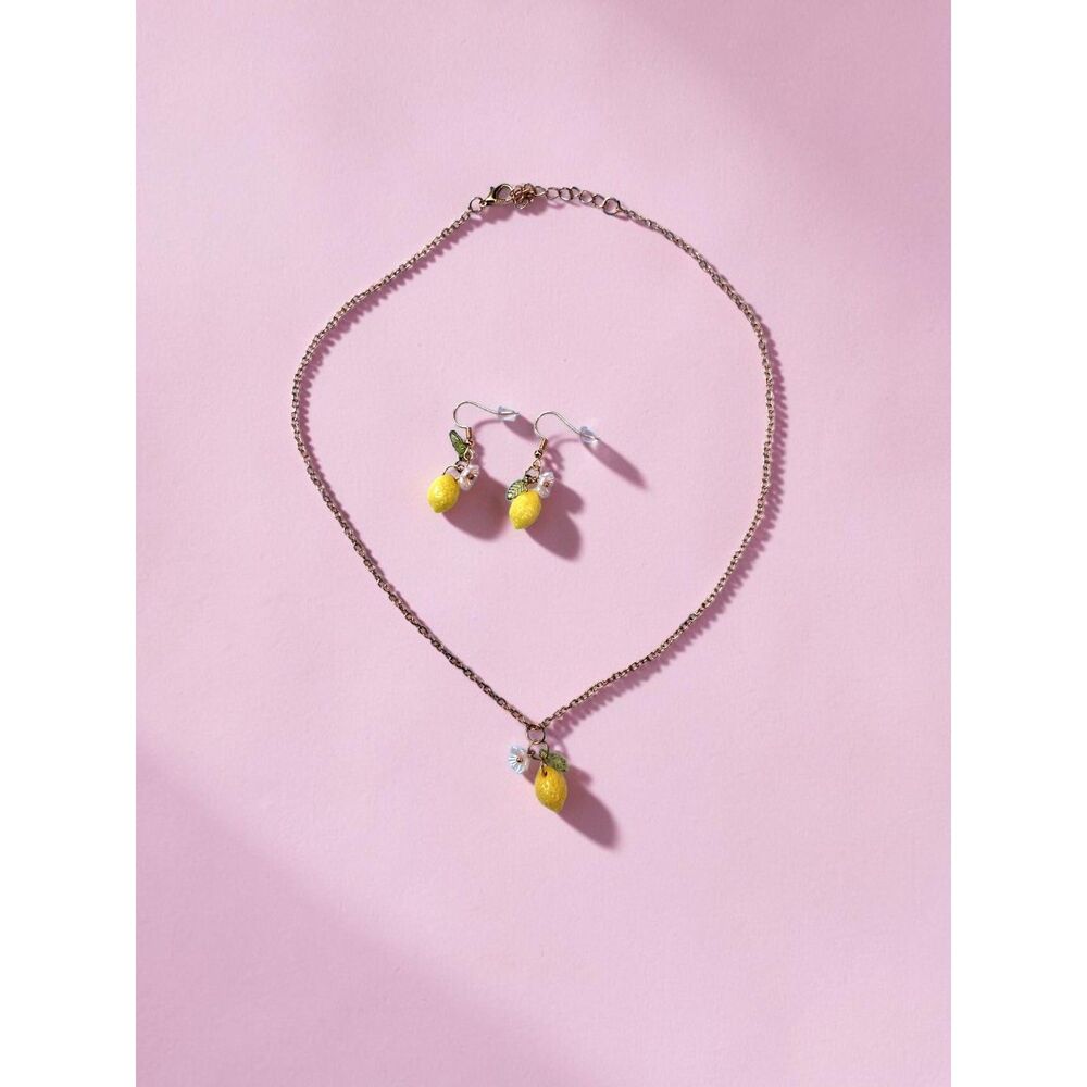 Cute Lemon Charm Jewelry Set- Gold Tone Fruit Pendant Necklace & Dangle Earrings